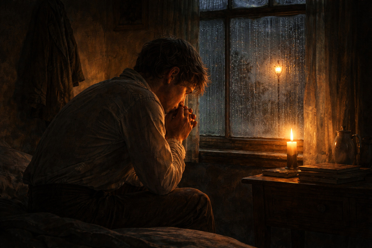 Boy alone in dark room whispering love, rain outside window