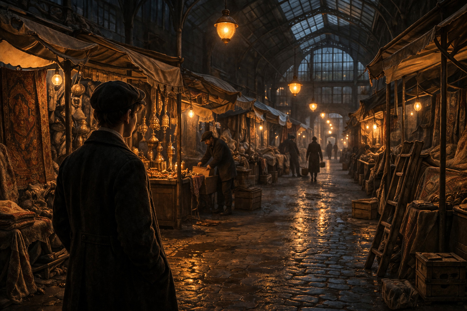 Dim empty bazaar hall with closing stalls and fading lights