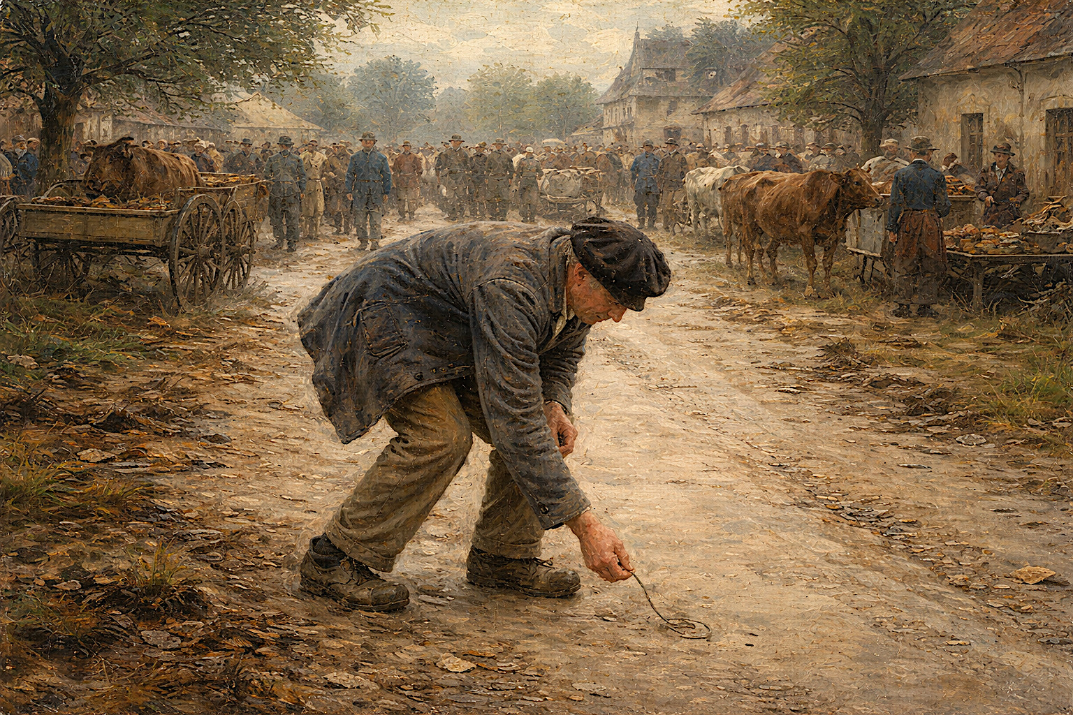 French peasant picking up string on rural road