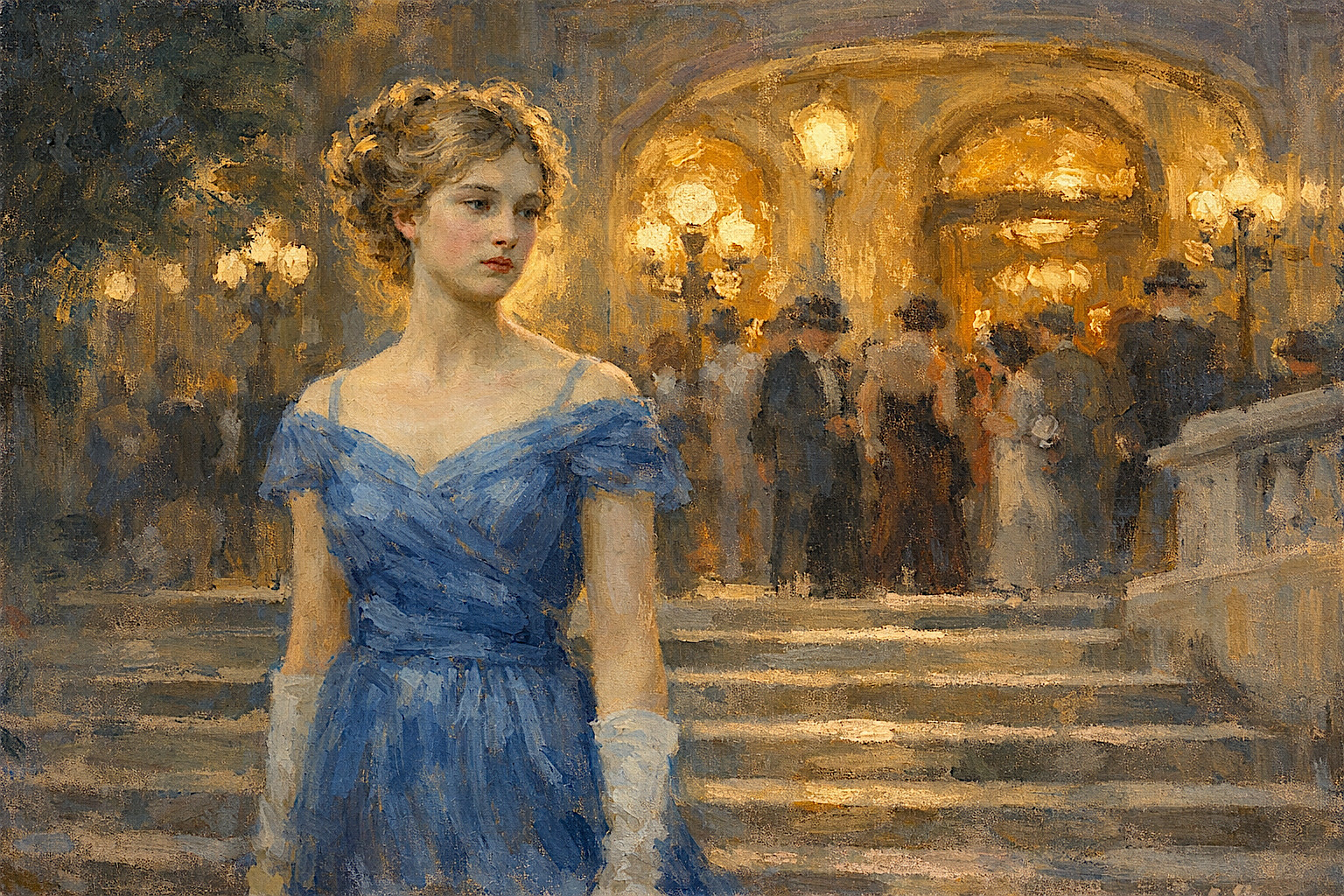 young woman in blue dress stands on casino steps at dusk