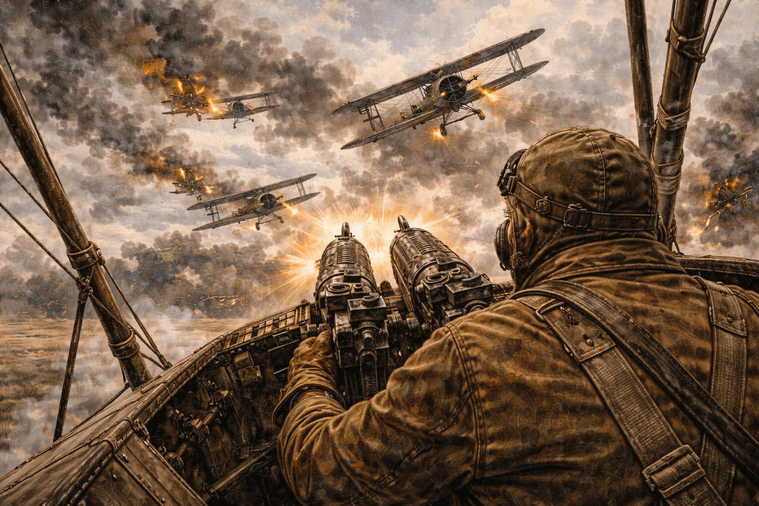Sergeant Galladay firing twin machine guns from a WWI biplane as German fighter planes attack