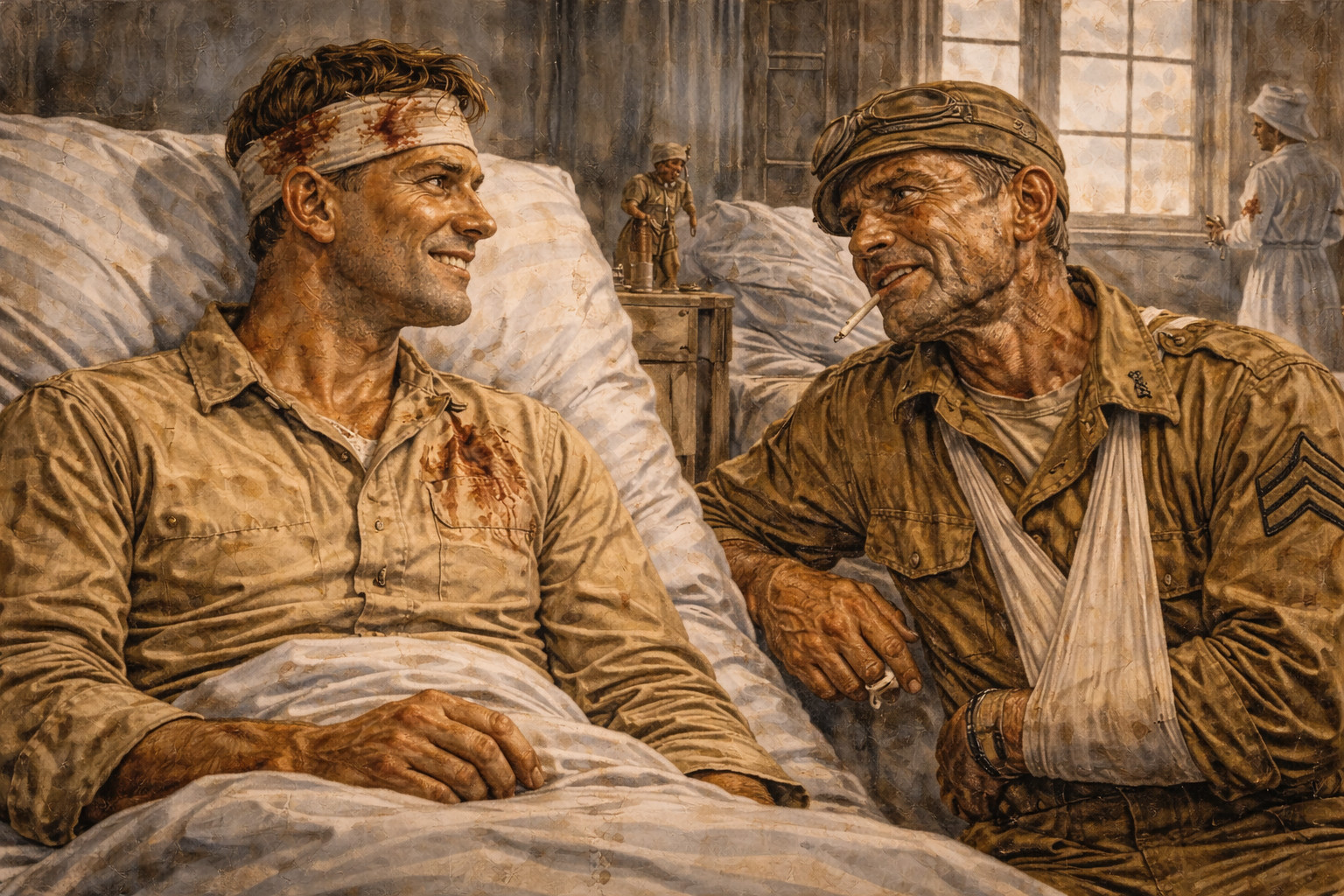 Lieutenant Buck Weaver and Sergeant Galladay talking together in a Belgian World War I hospital ward