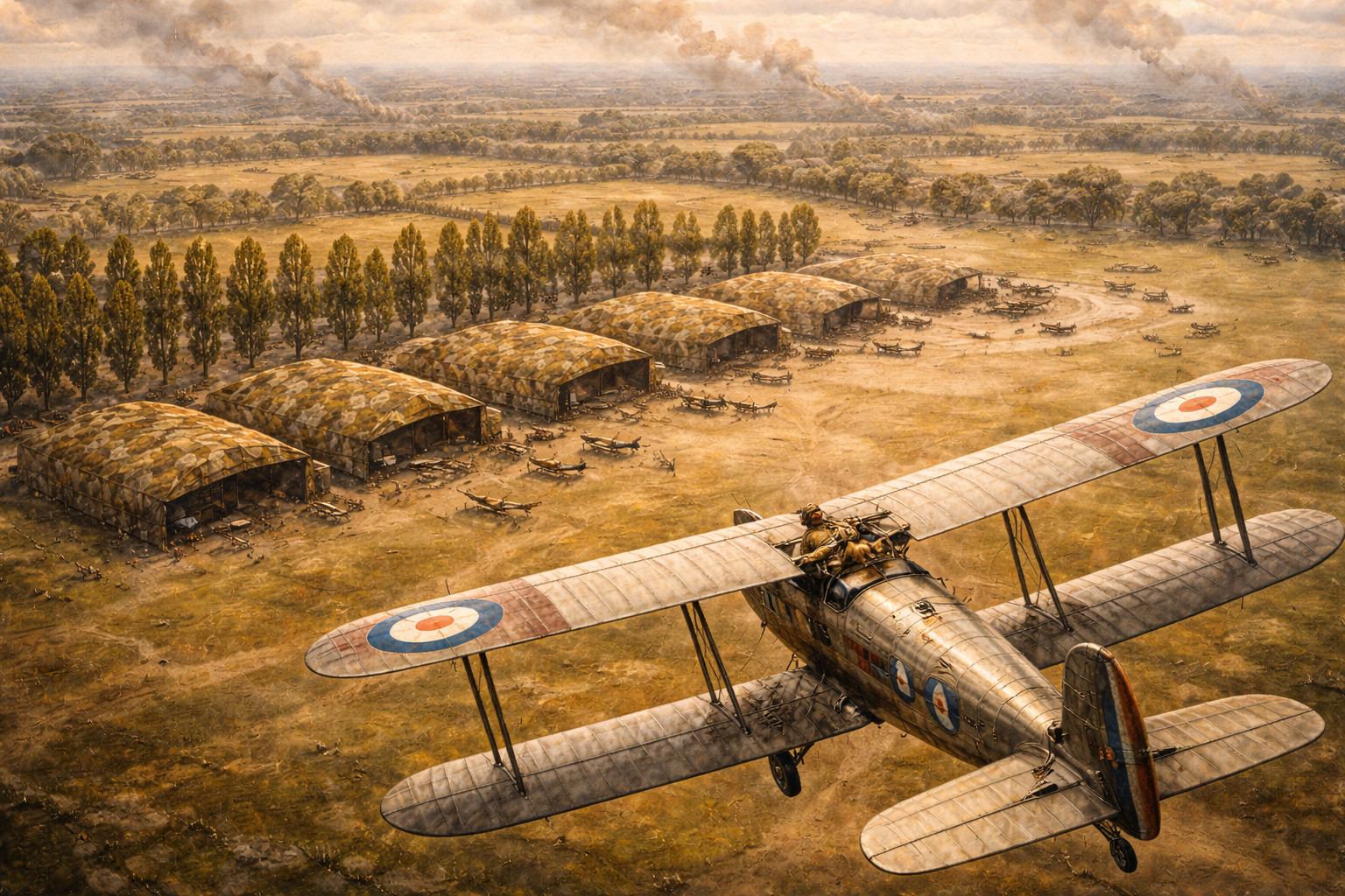 WWI bi-plane in air over airfield