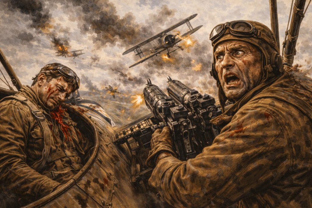 Dad Galladay in actiion as Buck Weaver sits wounded in biplane