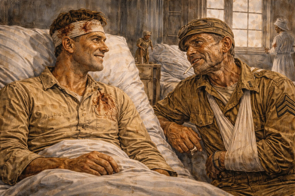 Lieutenant Buck Weaver and Sergeant Galladay talking together in a Belgian World War I hospital ward