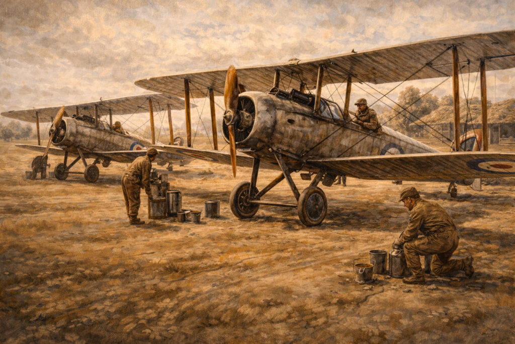 WWI biplanes on field with mechanics